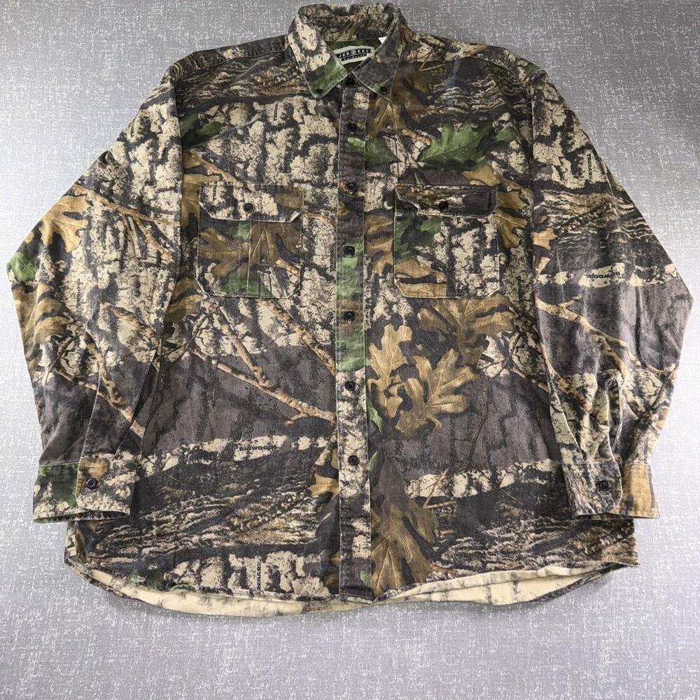Jerzees Outdoors Shirt Mens XL Green Trebark Camo Flannel Button Up Hunting